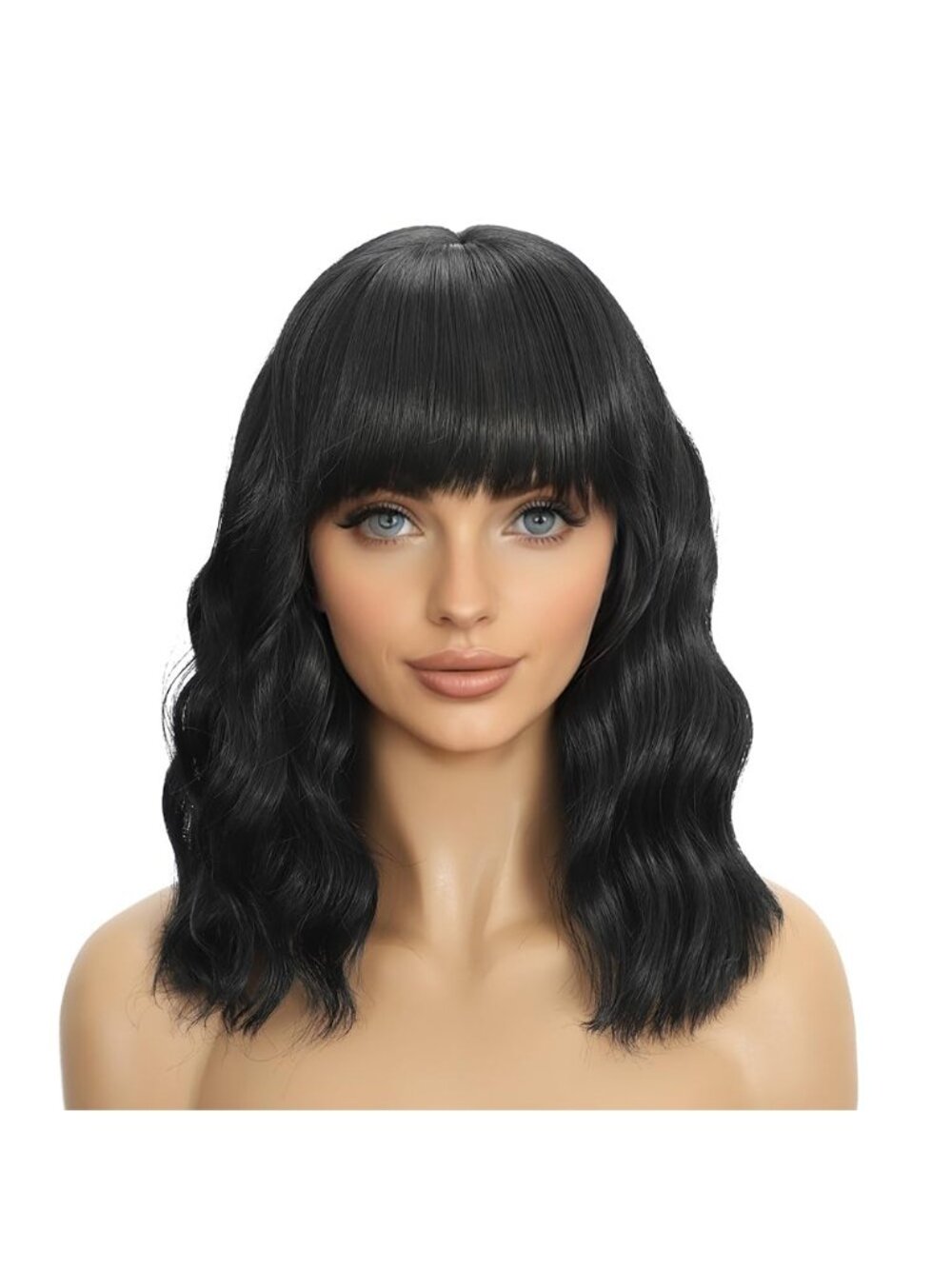 Women's Black 14 Inch Heat Resistant Synthetic Short Wavy Bob Wigs Bangs